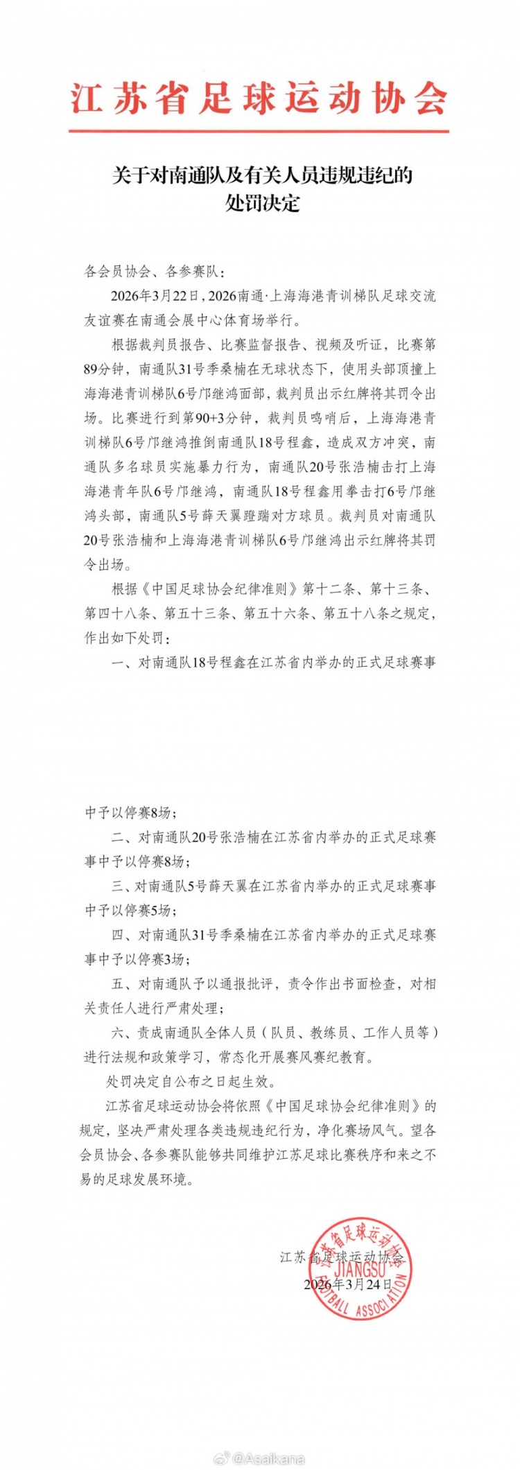 开云体育登录入口-江苏足协、上海足协对南通队vs海港U20队多人互殴事件进行处罚